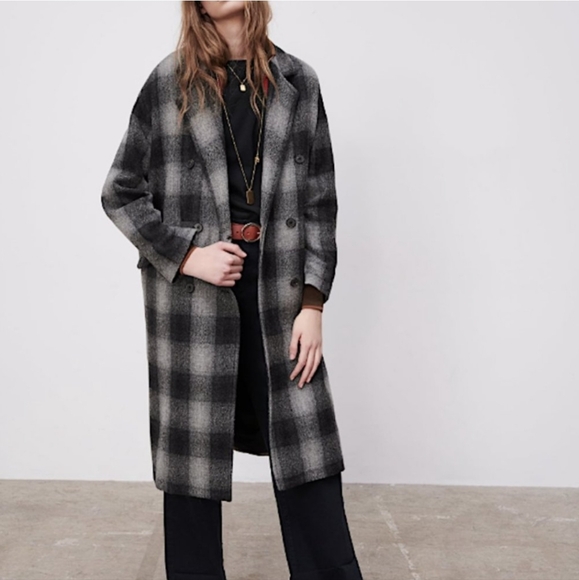 ZARA × Manteco 100% Wool Menswear Grey Black Plaid Long Coat. M NWT Blogger FAVE - Picture 3 of 15